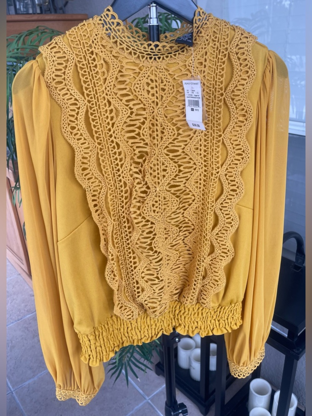 Ashley Stewart Mustard Crochet-Front Long Sleeve Blouse